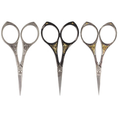 Embroidery Scissors with Decorative Sun Motif Handles Black, Brushed Nickel, Silver