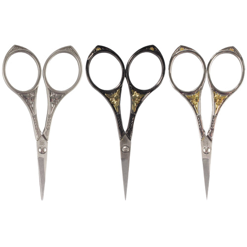 Embroidery Scissors with Decorative Sun Motif Handles Black, Brushed Nickel, Silver